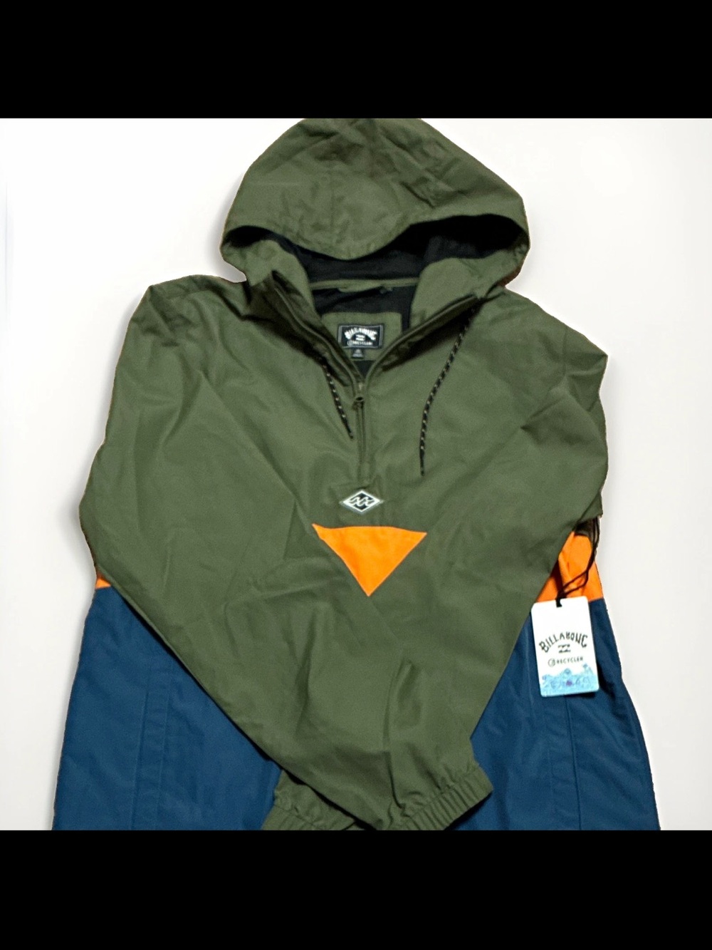 Billabong Men’s Olive Orange Navy Hooded Pullover Rain Jacket with Orange Accent